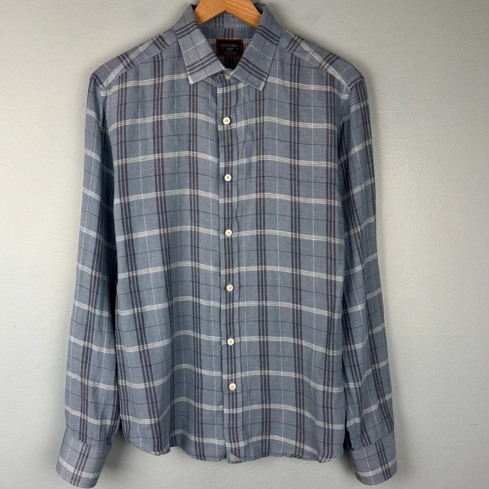 UNTUCKit Garzon Mens Medium Blue Plaid Cotton Linen Slim Fit Button Down Shirt